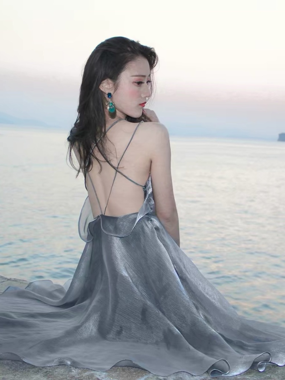 Silver Gray Open-Back Midi Dress – Size S ✨